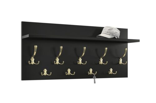 FINLO matinės juodos/auksinės blizgios rankenėlės – MODERNUS SIENINIS PAKABINIMAS SU LENTYNA PRIEŠKORIUI 90 ir 70 cm
