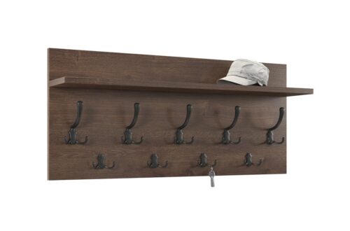 FINLO rudo ąžuolo / matinės juodos spalvos rankenėlės – MODERNUS SIENINIS PAKABINUKAS SU LENTYNA PRIEŠKORIUI 90 ir 70 cm