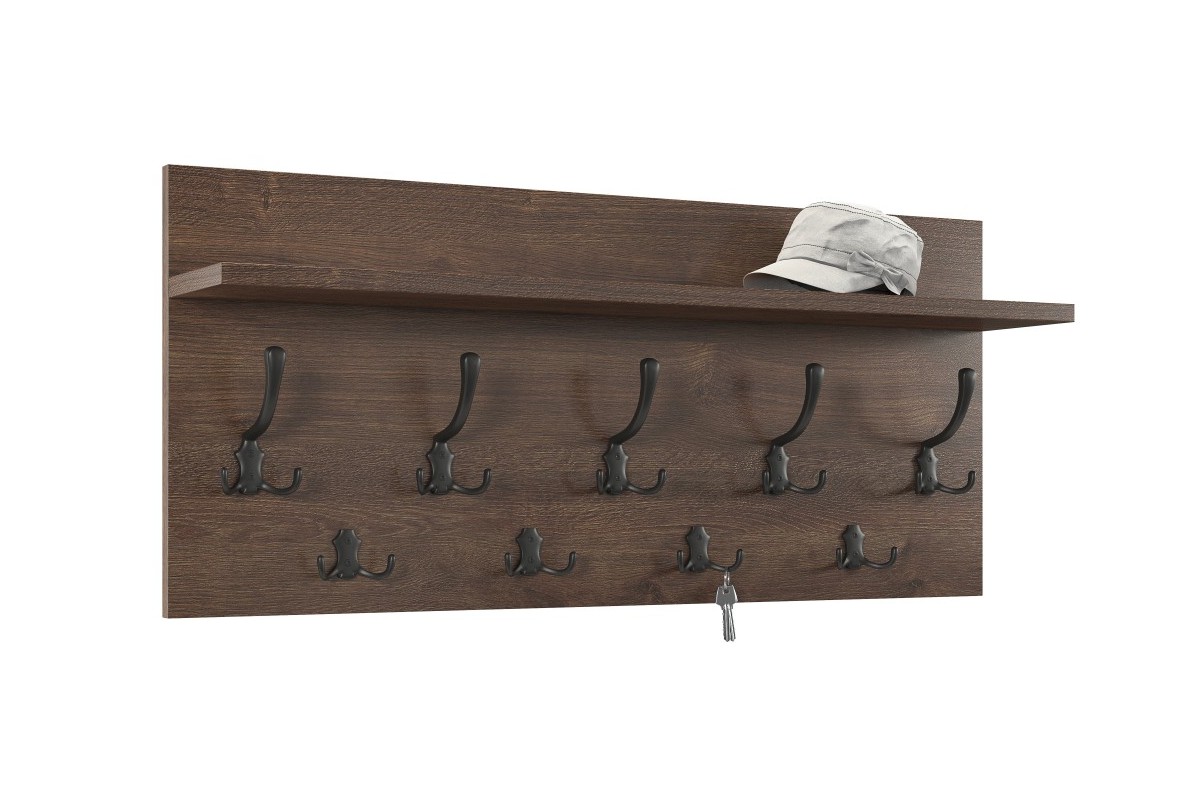 FINLO rudo ąžuolo / matinės juodos spalvos rankenėlės - MODERNUS SIENINIS PAKABINUKAS SU LENTYNA PRIEŠKORIUI 90 ir 70 cm