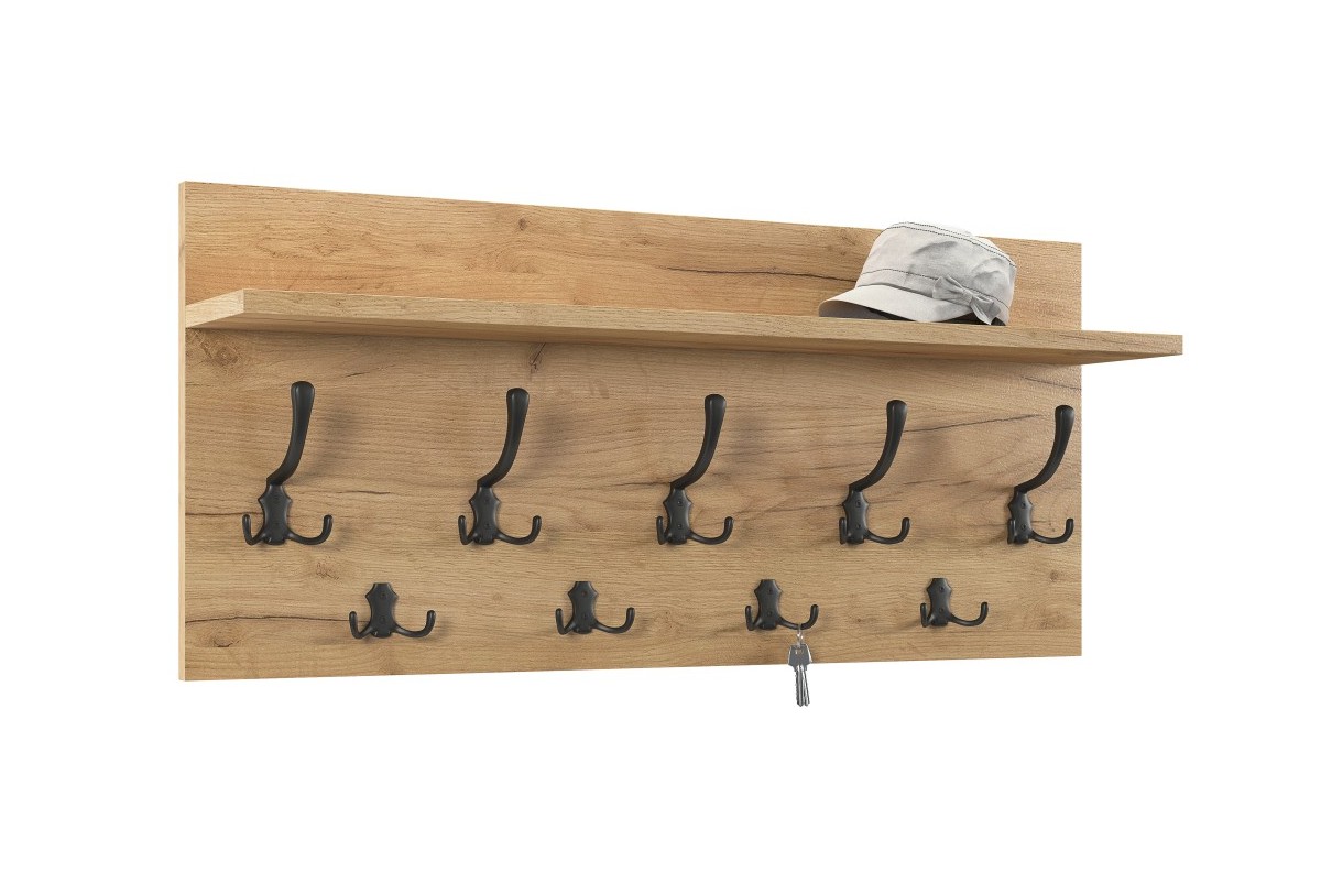 FINLO auksinės amatų ąžuolo / matinės juodos spalvos rankenėlės - MODERNUS SIENINIS PAKABINIMAS SU LENTYNA PRIEŠKORIUI 90 ir 70 cm