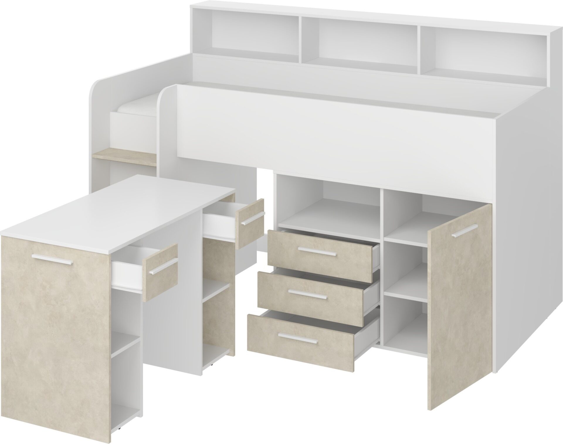 Vaikiška dviaukštė lova su antresolės stalu ENO L, balta, migdolinė