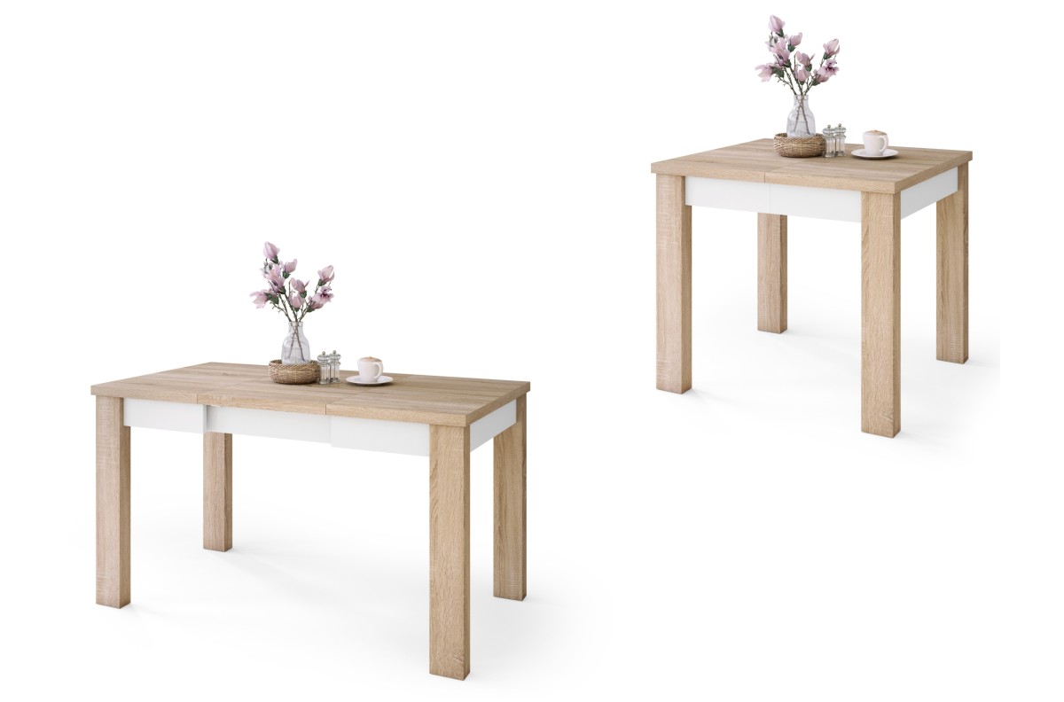 FONTE Sonoma ąžuolo / matinės baltos spalvos - KLASIKINIS VIRTUVĖS / SVETAINĖS STALAS, IŠPLĖSČIAMAS IKI 130 arba 155 cm!