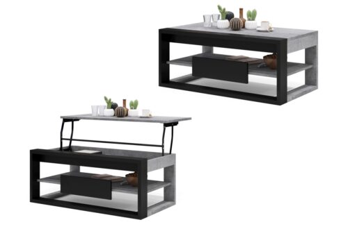 RĖMAS „Millenium Concrete“ / matinė juoda spalva – MODERNUS SUOLAS SU PAKELIAMU STALVIRŠIU + SANDĖLIAVIMO skyriumi + LENTYNA