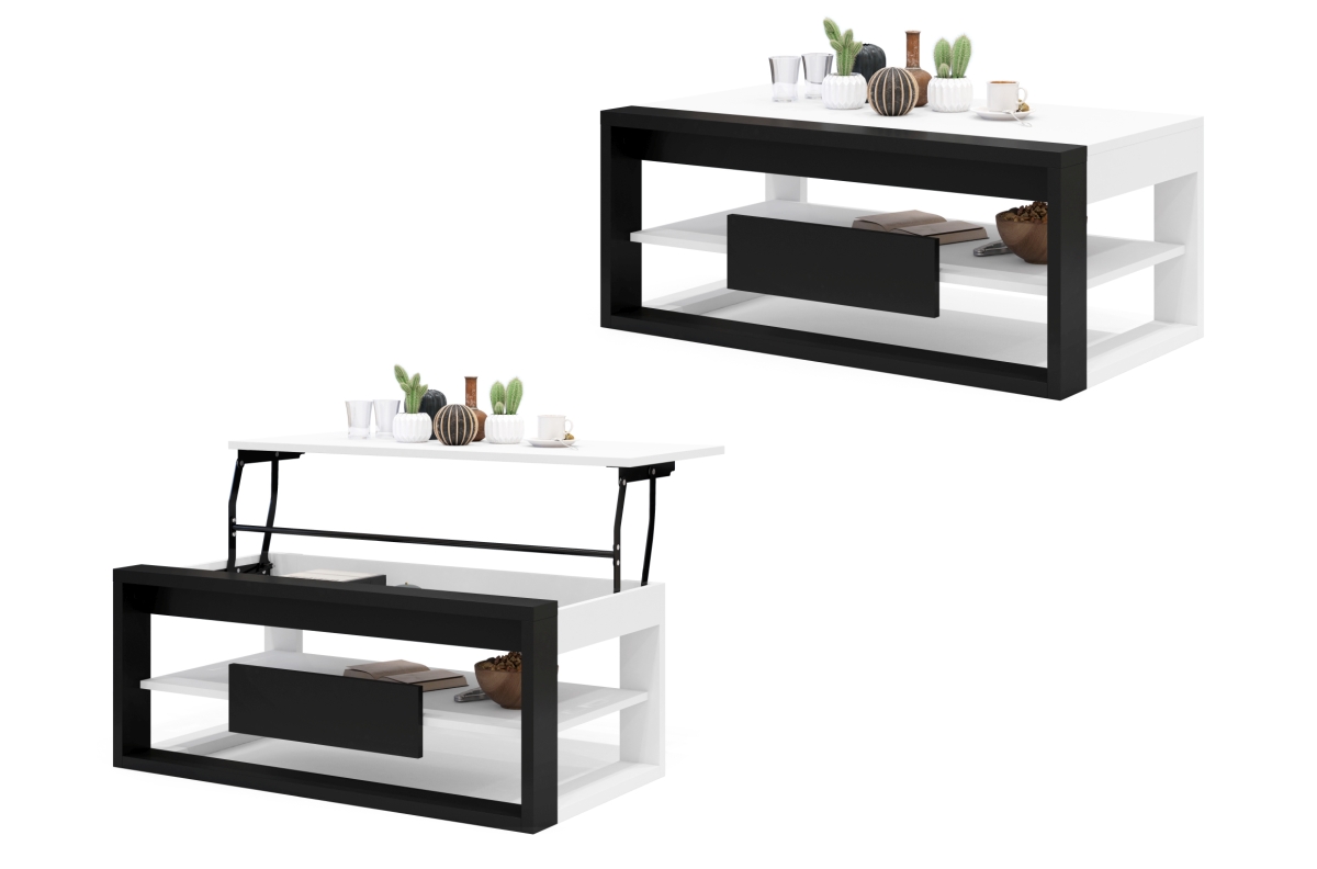 RĖMAS Matinė balta/Matinė juoda - MODERNUS KAVOS STALIUKAS SU PAKELIAMU STALVIRŠIU + SANDĖLIAVIMO KIEKIU + LENTYNA