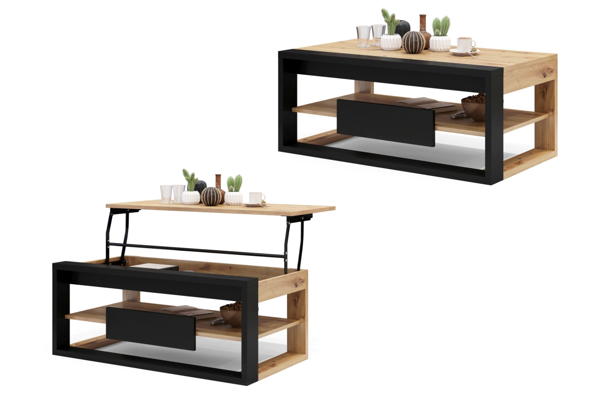 FRAME Artisan Oak/Matinė juoda - MODERNUS KAVOS STALIUKAS SU PAKELIAMU STALVIRŠIU + SANDĖLIAVIMO skyriumi + LENTYNA