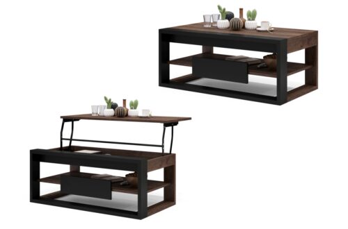 RĖMAS Rudas ąžuolas/Matinė juoda – MODERNUS KAVOS STALIUKAS SU PAKELIAMU STALVIRŠIU + SANDĖLIAVIMO KIEKIU + LENTYNA