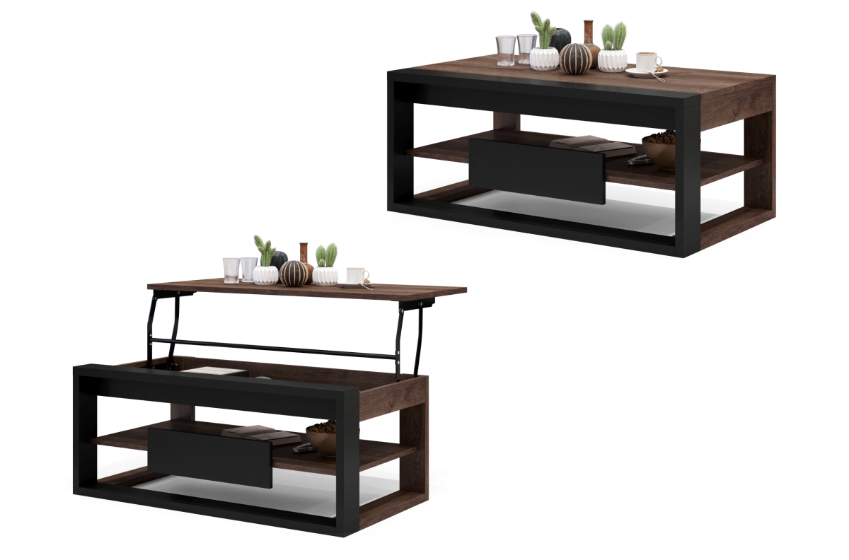 RĖMAS Rudas ąžuolas/Matinė juoda - MODERNUS KAVOS STALIUKAS SU PAKELIAMU STALVIRŠIU + SANDĖLIAVIMO KIEKIU + LENTYNA