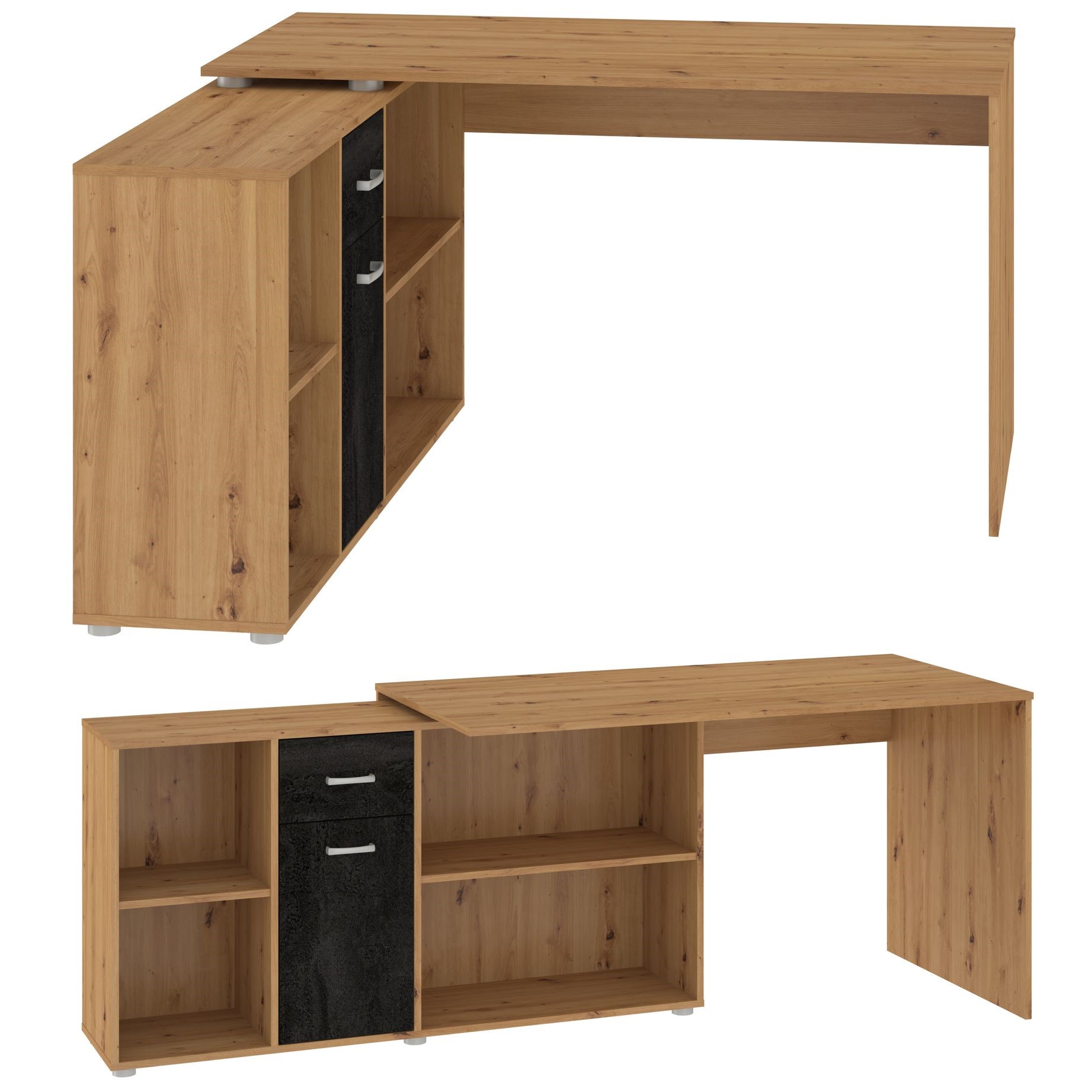 BIT L kampinis stalas, tiesus, reguliuojamo aukščio, žaidimų stalas, ąžuolas „artisan“, juodas betonas