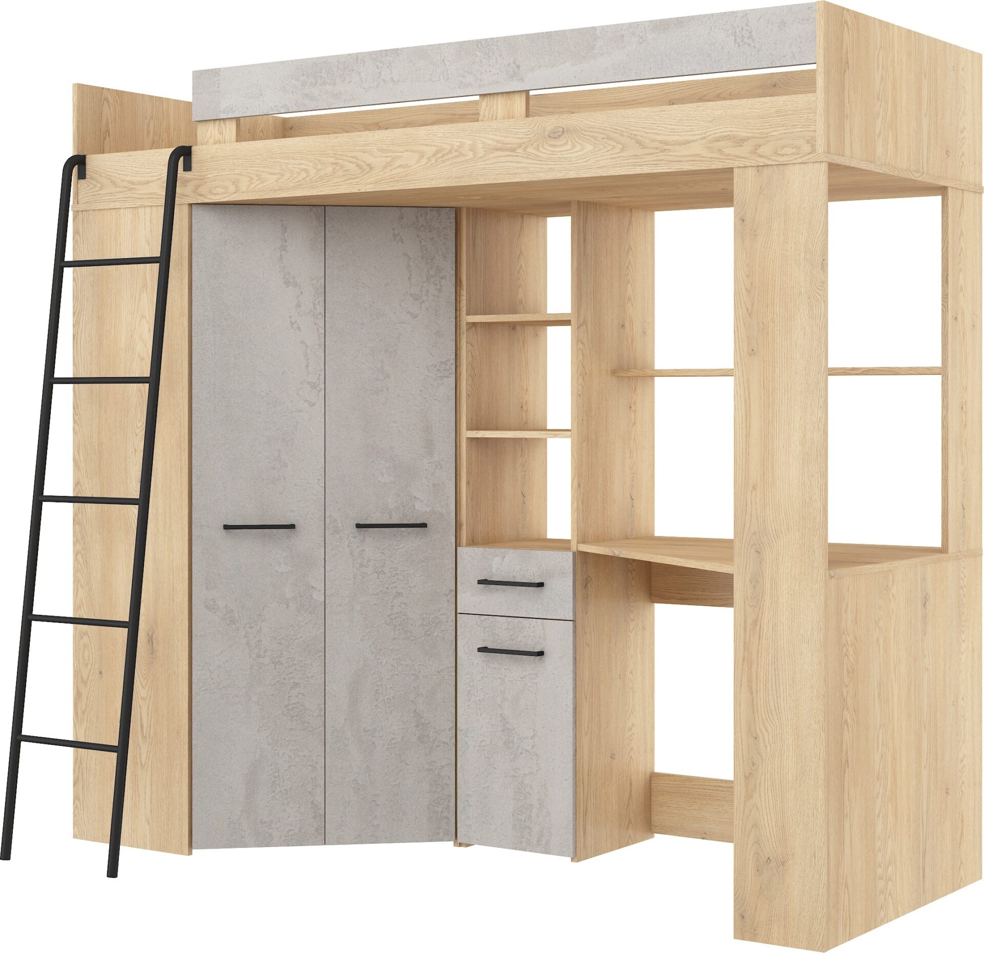 Dviaukštė lova su stalu, kampinė spinta, antresolė FLO L, ąžuolas „Cremona“, betonas
