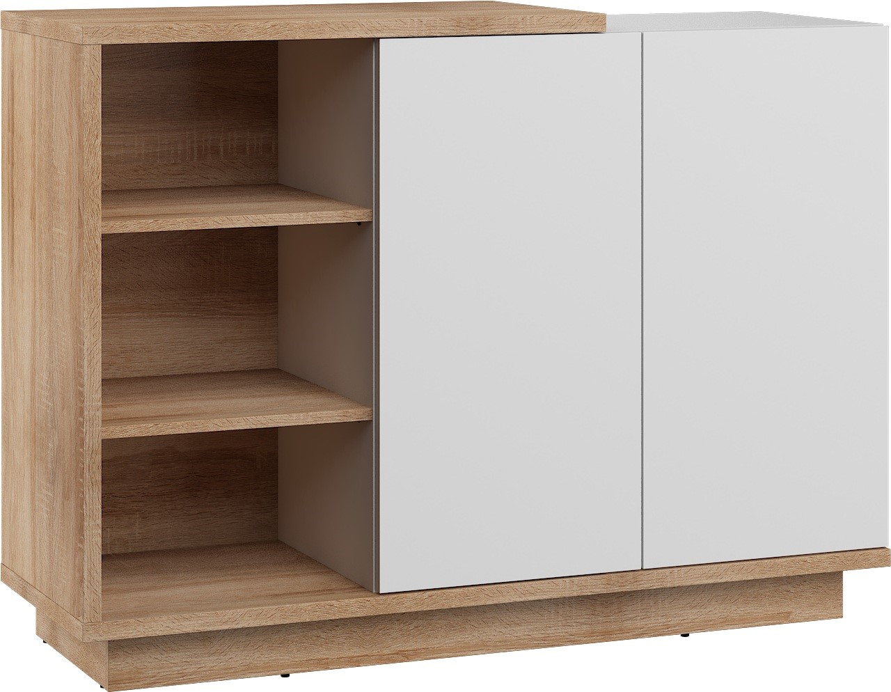 BRITA 05 baldai, komoda su durelėmis ir lentynomis, Sonoma ąžuolas, balta blizgi spalva