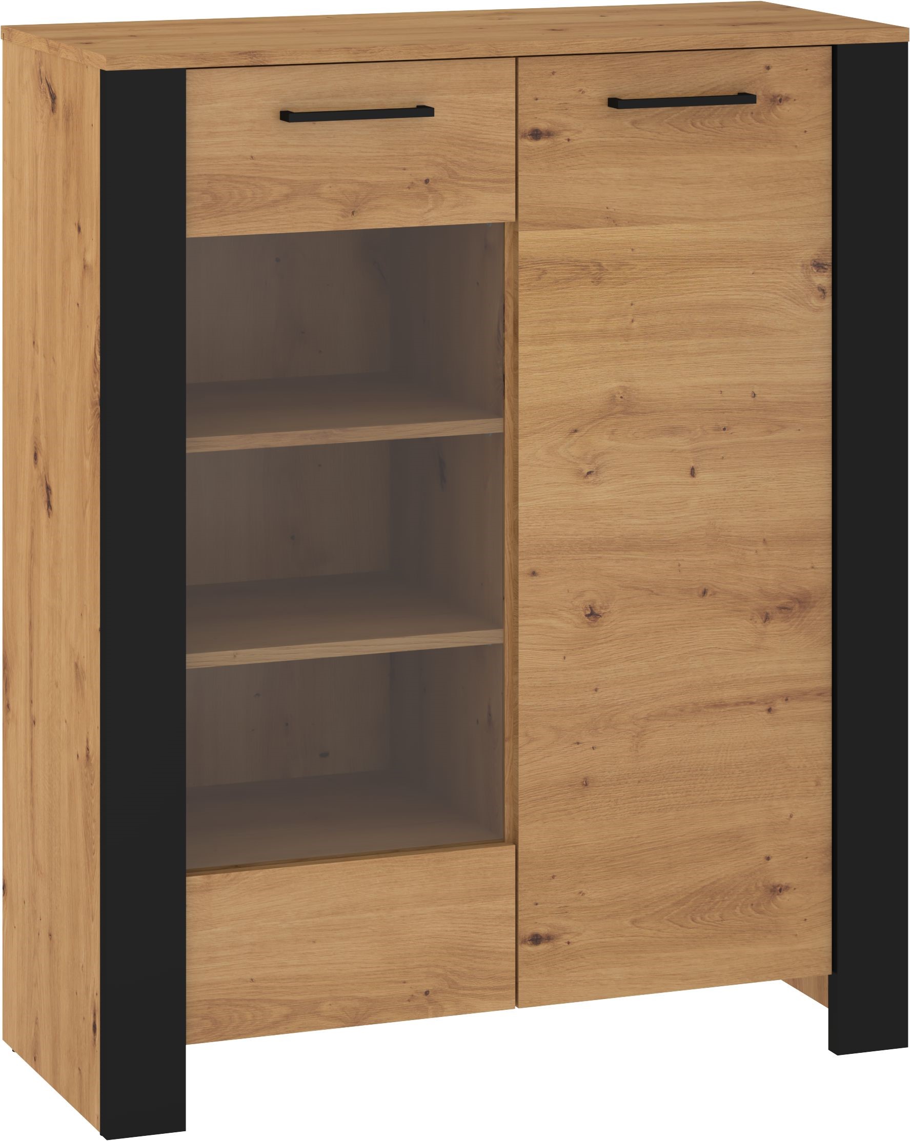 DELIS 14 žema vitrina svetainei, ąžuolas, juoda