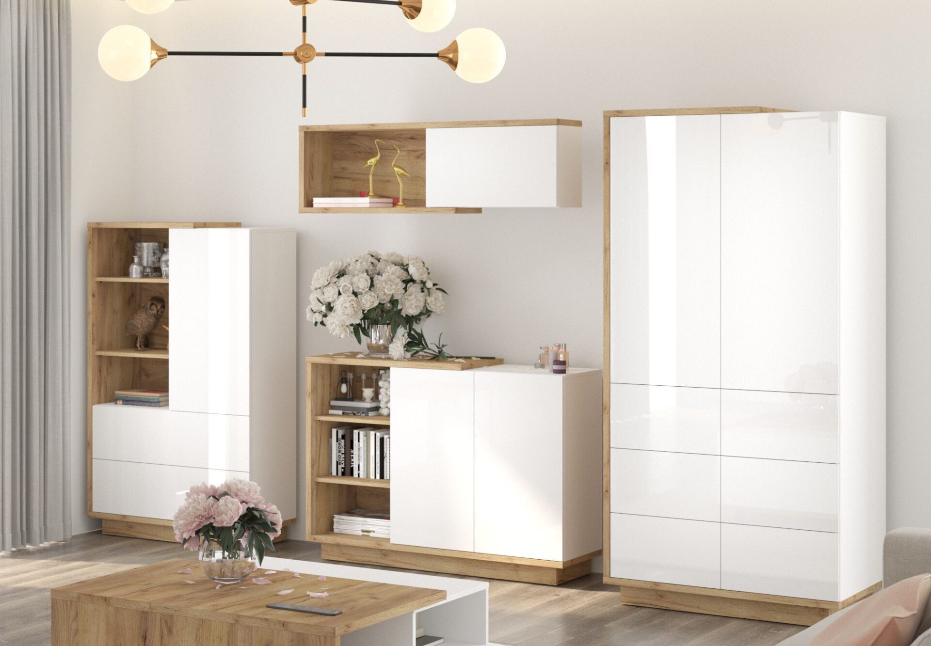 BRITA baldai #4 kambarių knygų lentyna komoda drabužių spinta lentyna ąžuolas aukso balta poliruota