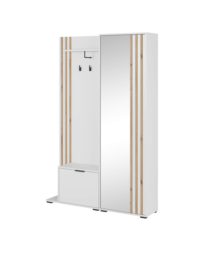 Nelly drabužinė, batų spintelė, pakabos dalis, lentyna, veidrodis, drabužinė su bėgeliu ir lentynomis, balta/artisan ąžuolo spalvos