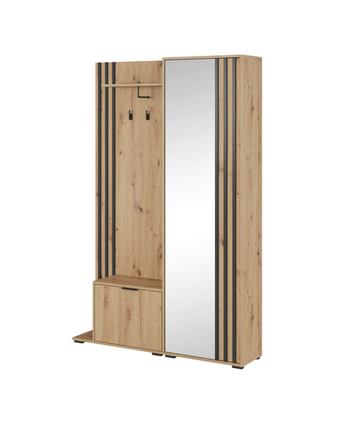 Nelly drabužių spinta, batų spintelė, pakabos dalis, lentyna, veidrodis, drabužių spinta su bėgeliu ir lentynomis, Artisan ąžuolas/juoda