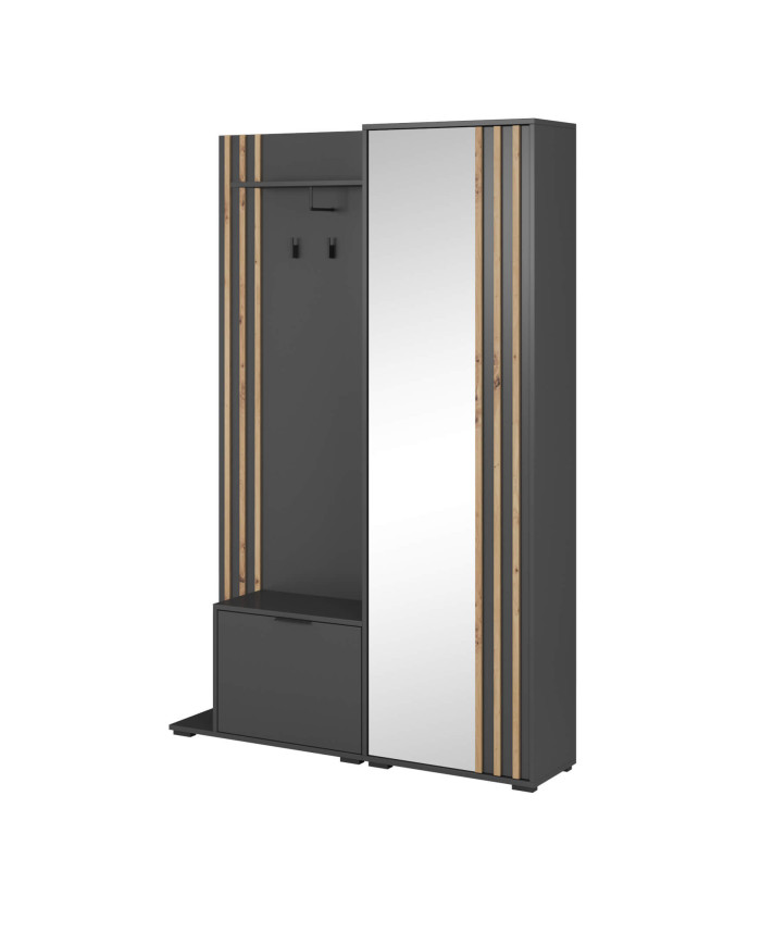 Nelly drabužių spinta, batų spintelė, pakabos dalis, lentyna, veidrodis, drabužių spinta su bėgeliu ir lentynomis, grafito/artisan ąžuolo spalvos