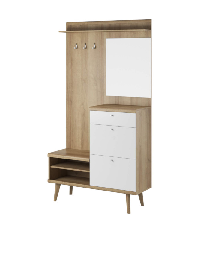 Primo PG110 Drabužinė, Batų spintelė, Pakabos plokštė, Lentyna, Veidrodis, Stalčius, Riviera Oak/White