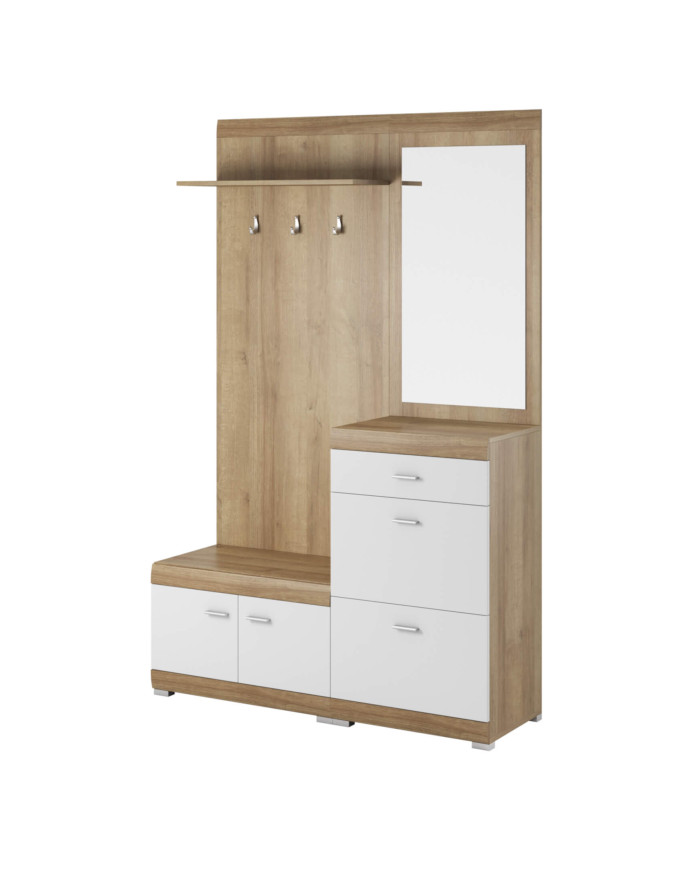 Stella spinta, spintelė su durelėmis, batų spintelė, pertvara su pakabomis, lentyna, veidrodis, stalčius, Riviera ąžuolas/balta