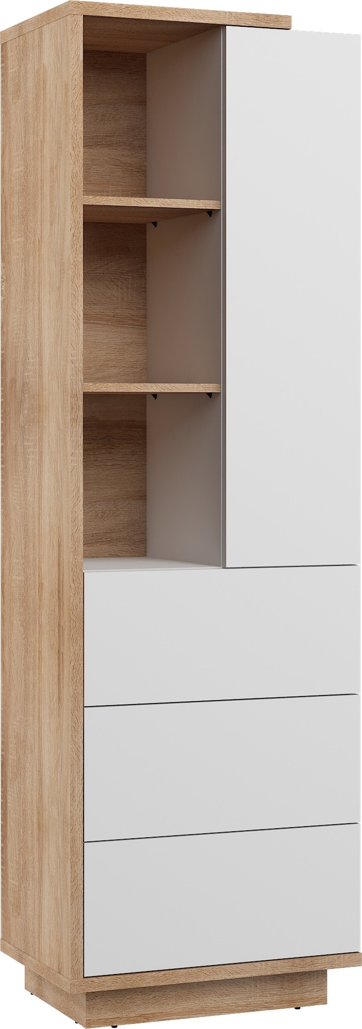 BRITA 19 aukšta baldų lentyna su lentynomis, stalčiumi, durelėmis, Sonoma ąžuolas, balta