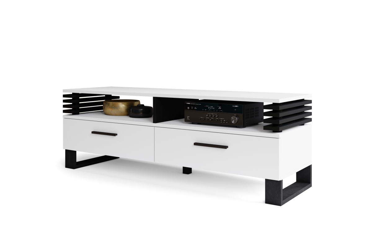 GOKEE RTV-145 matinė balta/matinė juoda - MODERNI TV SPINTELĖ SU UŽDAROMAIS RANKOMIS