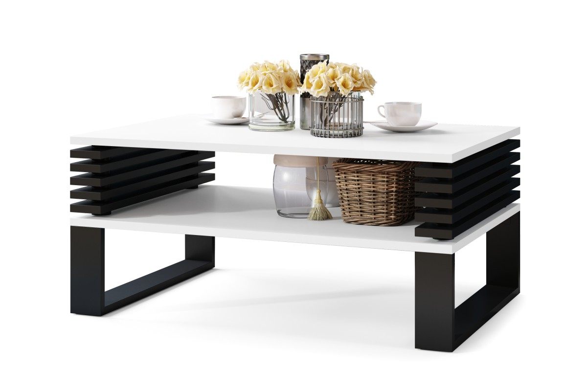 GOKEE S-90 matinės baltos/matinės juodos spalvos – MODERNUS KAVOS STALIUKAS SU GROTELĖMIS