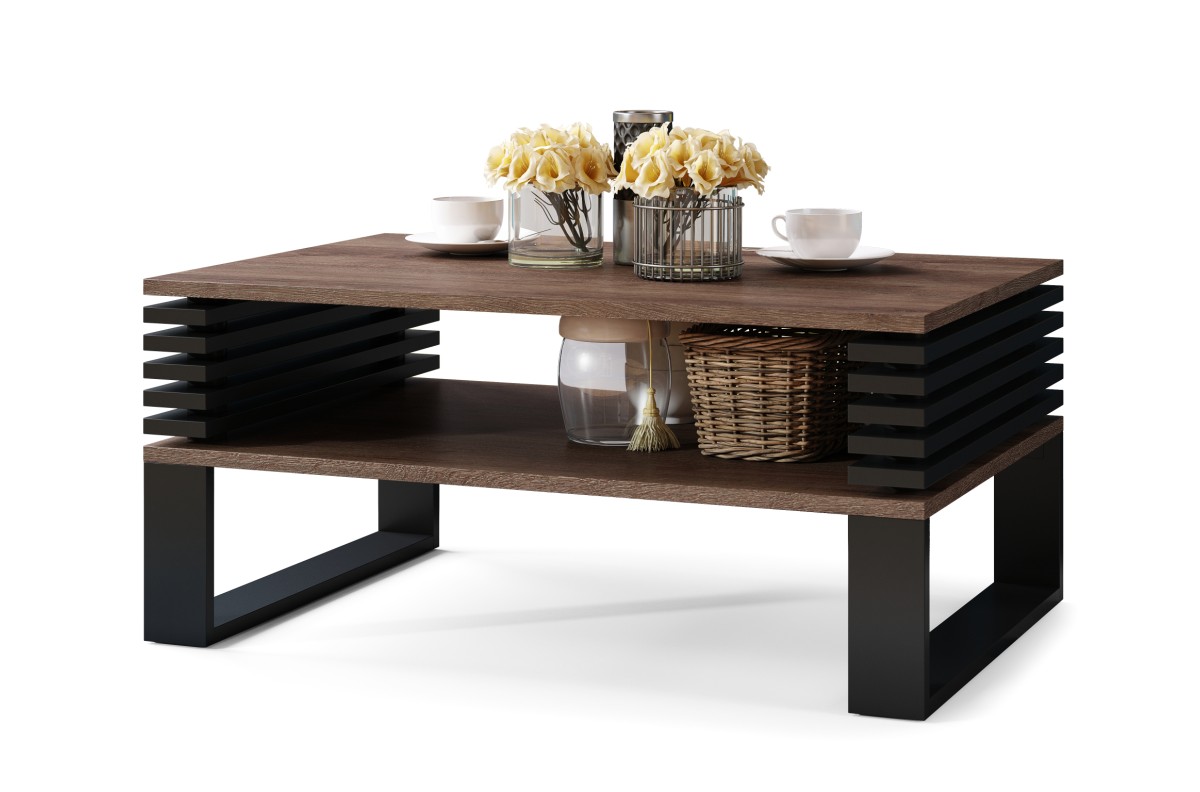 GOKEE S-90 Rudo ąžuolo/Matinės juodos spalvos - MODERNUS KAVOS STALIUKAS SU GROTELĖMIS