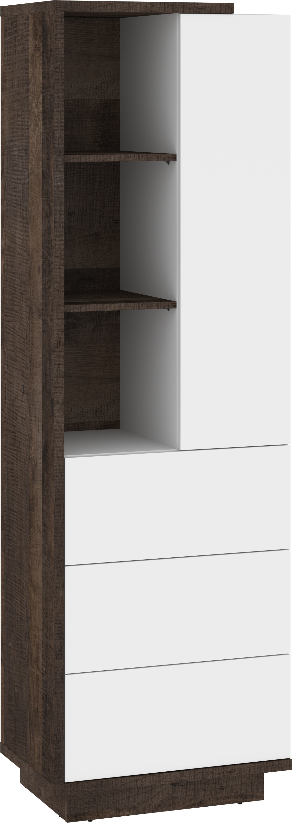 BRITA 19 aukšta baldų lentyna su lentynomis, stalčiumi, durelėmis, ąžuolo spalvos, balta