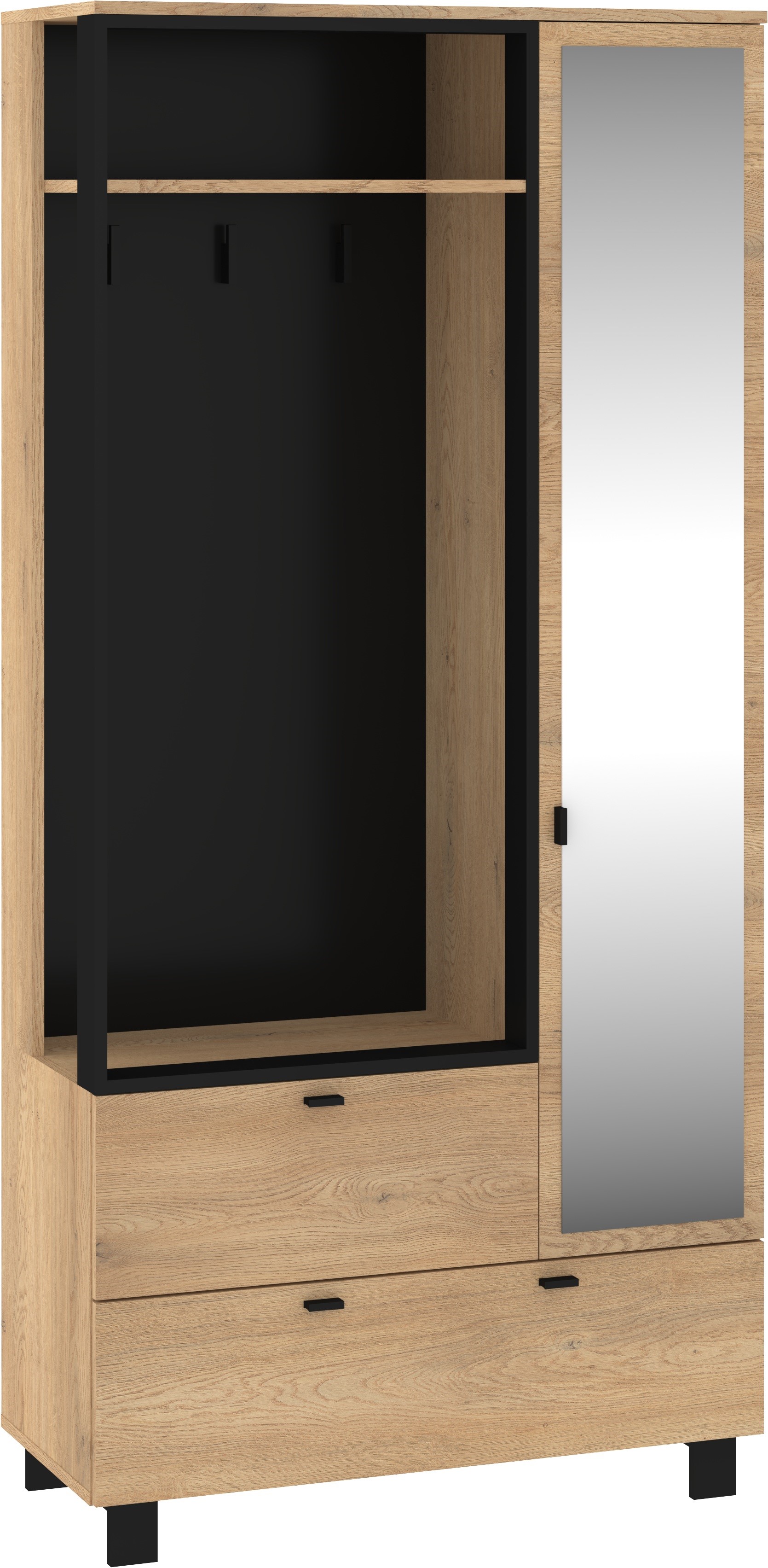 GAVES 05 baldų prieškambario spinta su veidrodžiu, palėpė, kremonos ąžuolas, juodas