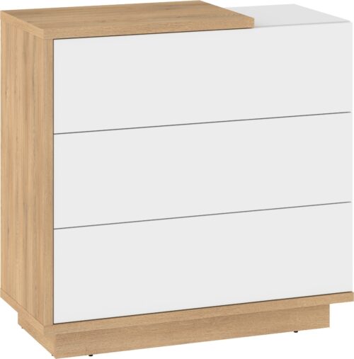 BRITA 09 baldų komoda svetainei, miegamajam, kremonos ąžuolas, baltas, poliruotas