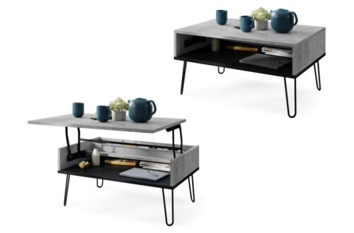 HAIRPIN S-90 Millenium Concrete/Matinė juoda – MODERNUS KAVOS STALIUKAS SU PAKELIAMU STALVIRŠIU + SANDĖLIAVIMO skyriumi + LENTYNA