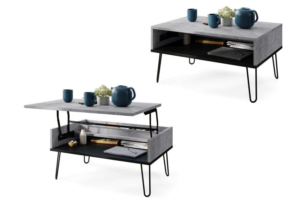 HAIRPIN S-90 Millenium Concrete/Matinė juoda - MODERNUS KAVOS STALIUKAS SU PAKELIAMU STALVIRŠIU + SANDĖLIAVIMO skyriumi + LENTYNA