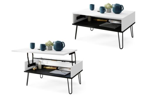 HAIRPIN S-90 matinės baltos/matinės juodos spalvos – MODERNUS KAVOS STALIUKAS SU PAKELIAMU STALVIRŠIU + SANDĖLIAVIMO KIEKIU + LENTYNA