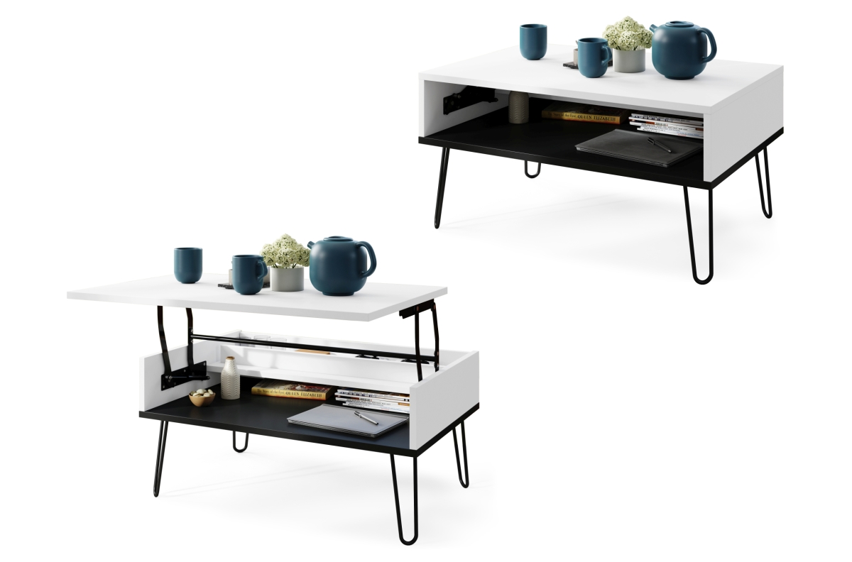 HAIRPIN S-90 matinės baltos/matinės juodos spalvos - MODERNUS KAVOS STALIUKAS SU PAKELIAMU STALVIRŠIU + SANDĖLIAVIMO KIEKIU + LENTYNA