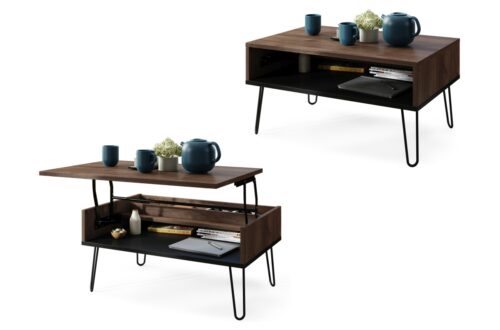 HAIRPIN S-90 Rudas ąžuolas/Matinė juoda – MODERNUS KAVOS STALIUKAS SU PAKELIAMU STALVIRŠIU + SANDĖLIAVIMO KIEKIU + LENTYNA