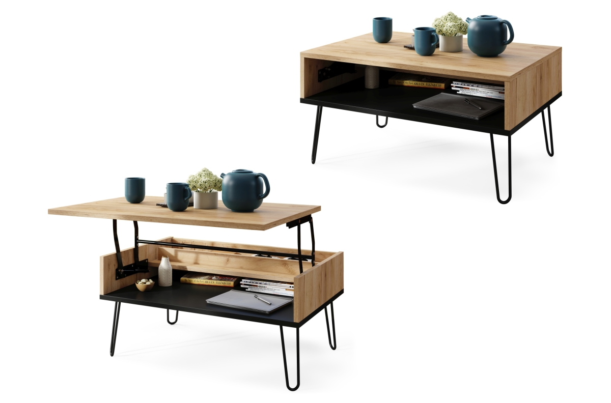 HAIRPIN S-90 Gold Craft Oak/Matt Black - MODERNUS KAVOS STALIUKAS SU PAKELIAMU STALVIRŠIU + SANDĖLIAVIMO KIEKIU + LENTYNA