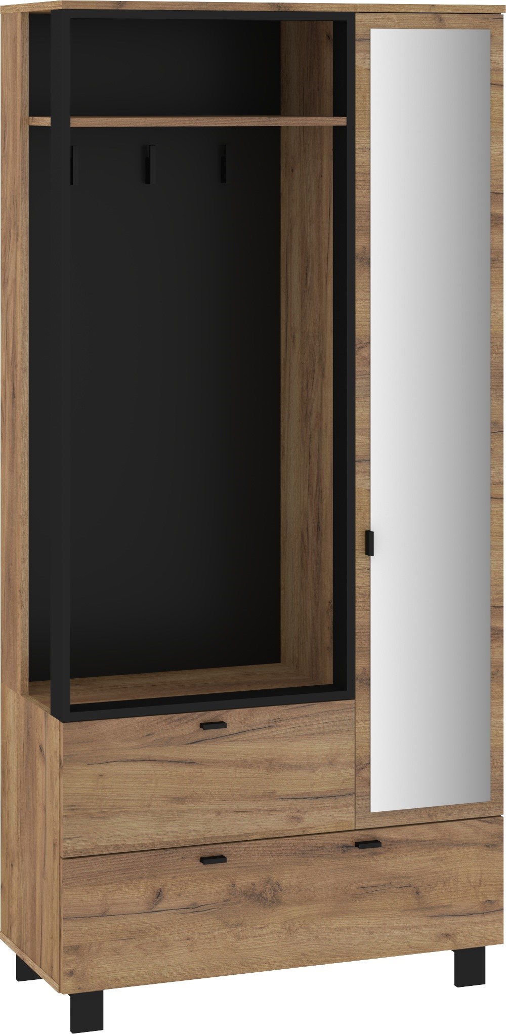GAVES 05 baldų prieškambario spinta su veidrodžiu, palėpė, ąžuolas, aukso ir juodos spalvos