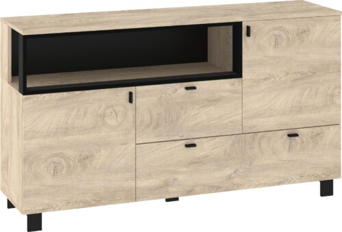 GAVES 03 baldai, didelė komoda su durelėmis svetainei, ąžuolo imitacija, juoda