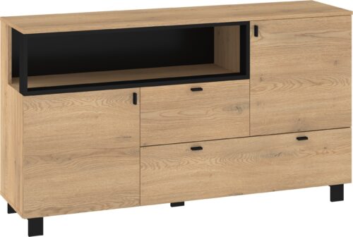 GAVES 03 baldai didelė komoda su durelėmis svetainei, kreminio ąžuolo spalvos, juoda