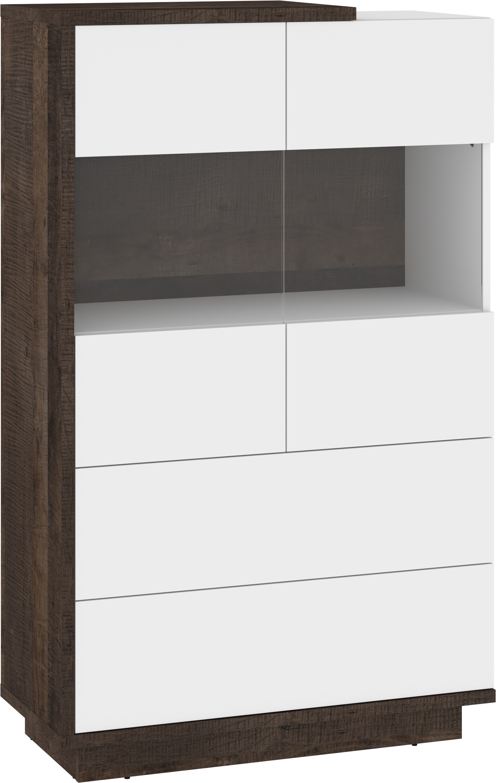 BRITA 28 žema vitrina su stalčiais svetainei, ąžuolo spalvos, balta blizgi spalva