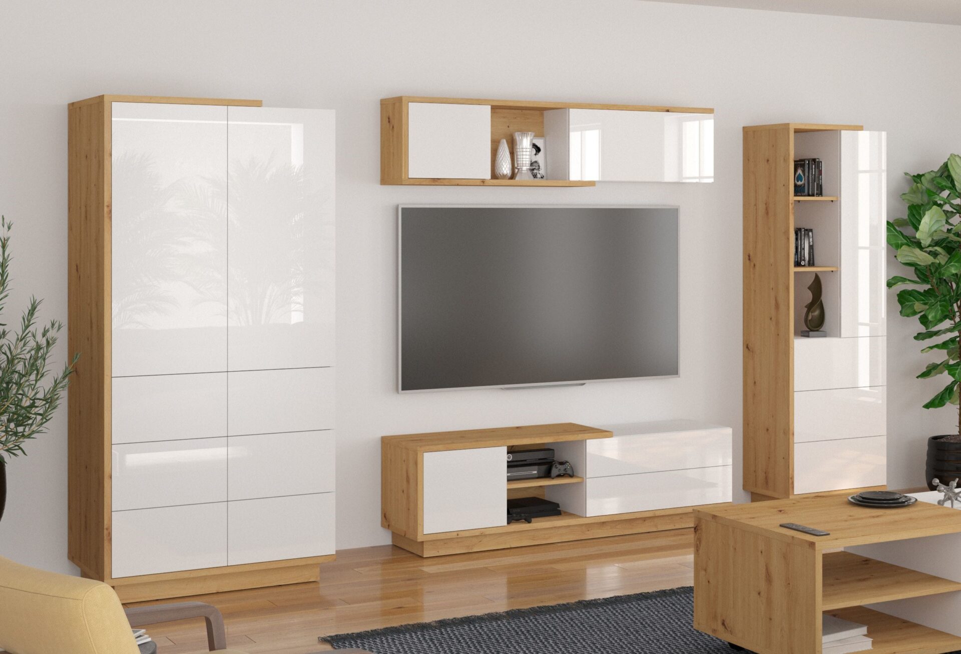 BRITA baldai #2 spinta TV spintelė lentyna knygų lentyna meniškas ąžuolas baltas blizgus