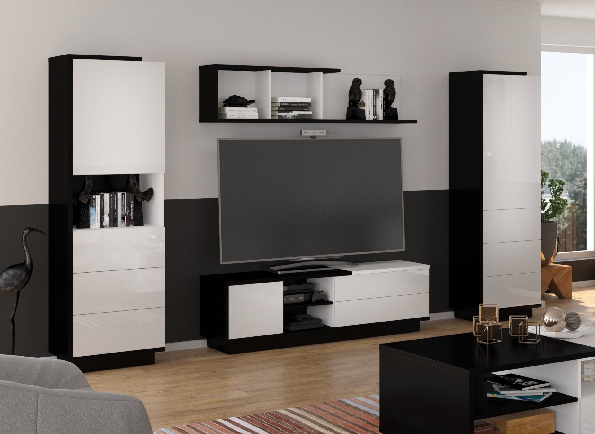 BRITA baldai #3 sieninė spintelė, knygų lentyna, televizoriaus spintelė, lentyna, juodai balta blizgi