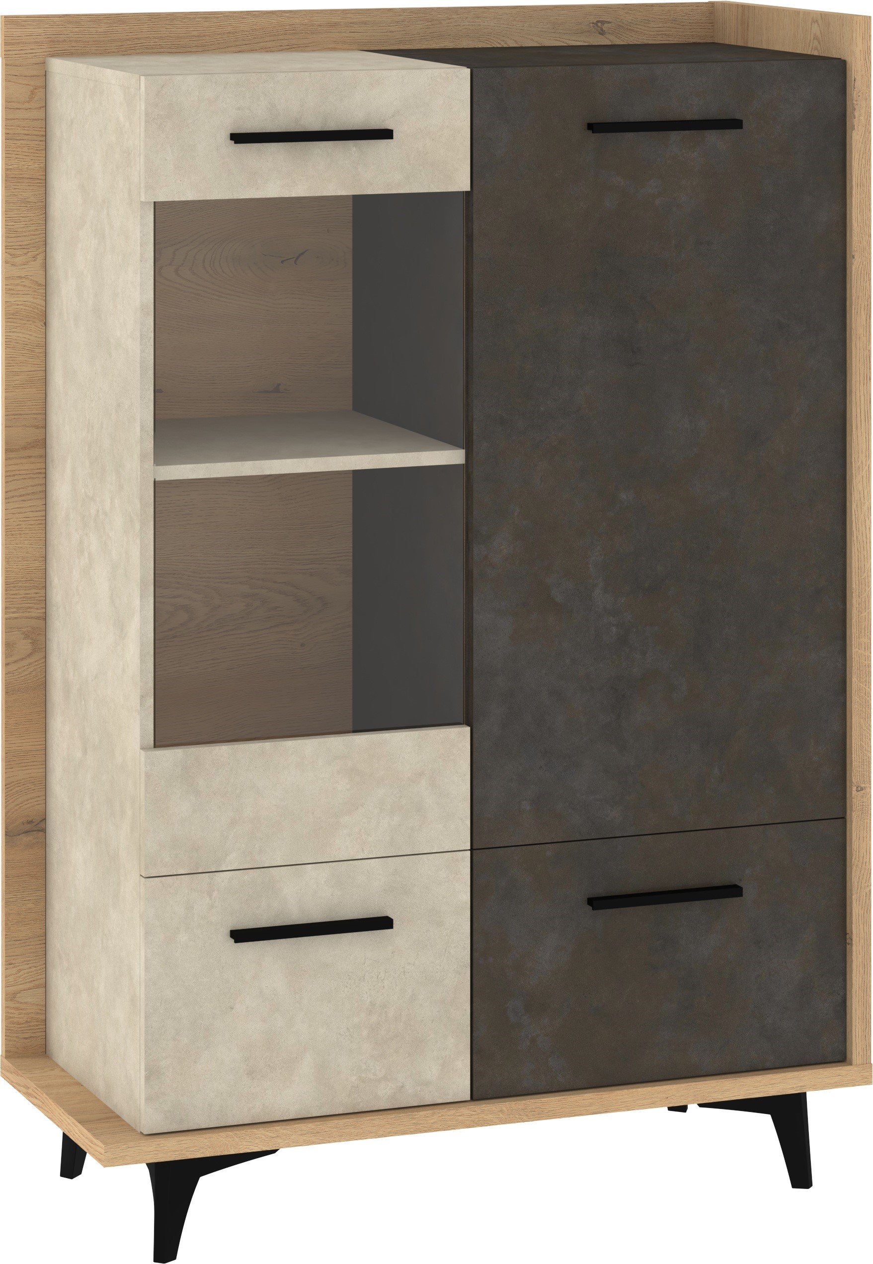 DOX 13 baldai, žema vitrina svetainei su durelėmis, kremonos ąžuolas, granados migdolas