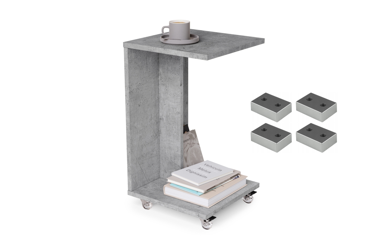 HUGO Beton Millenium - 2 viename šoninis staliukas ant ratukų/kojų - mobilus šoninis staliukas svetainei/miegamajam/vaikų kambariui