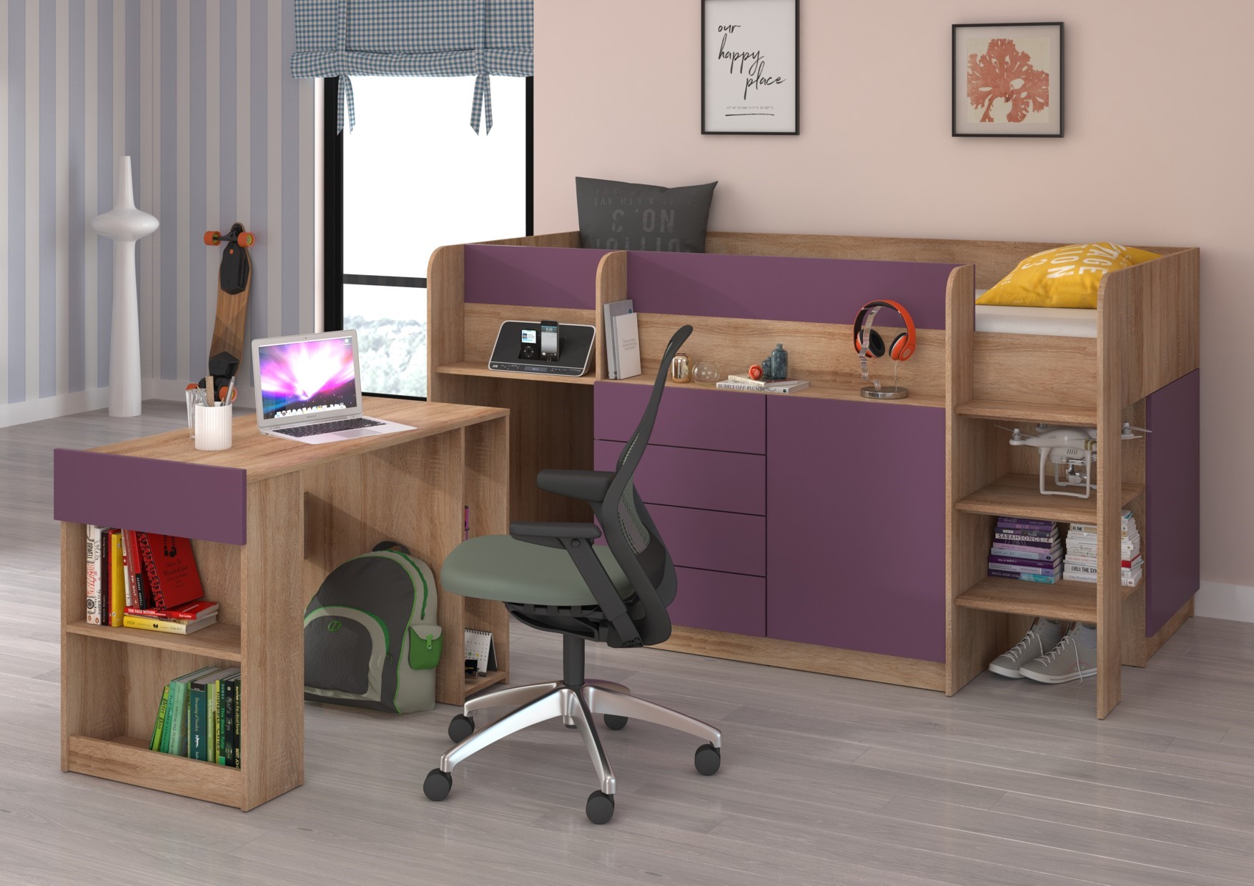 EMI P dviaukštė lova, rašomasis stalas, komoda, antresolė, Sonoma ąžuolas, violetinė