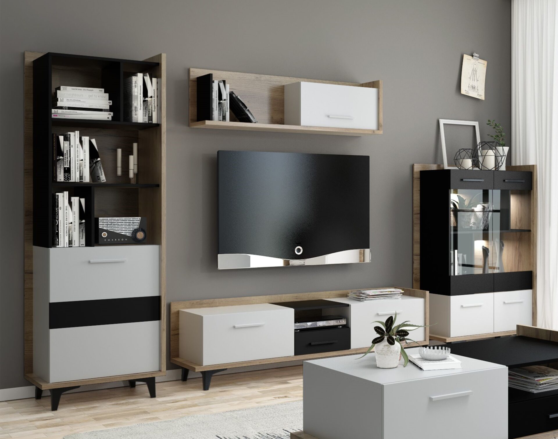 DOX #1 svetainės baldai, sieninė spintelė, knygų lentyna, TV spintelė, lentyna, vitrina, ąžuolas