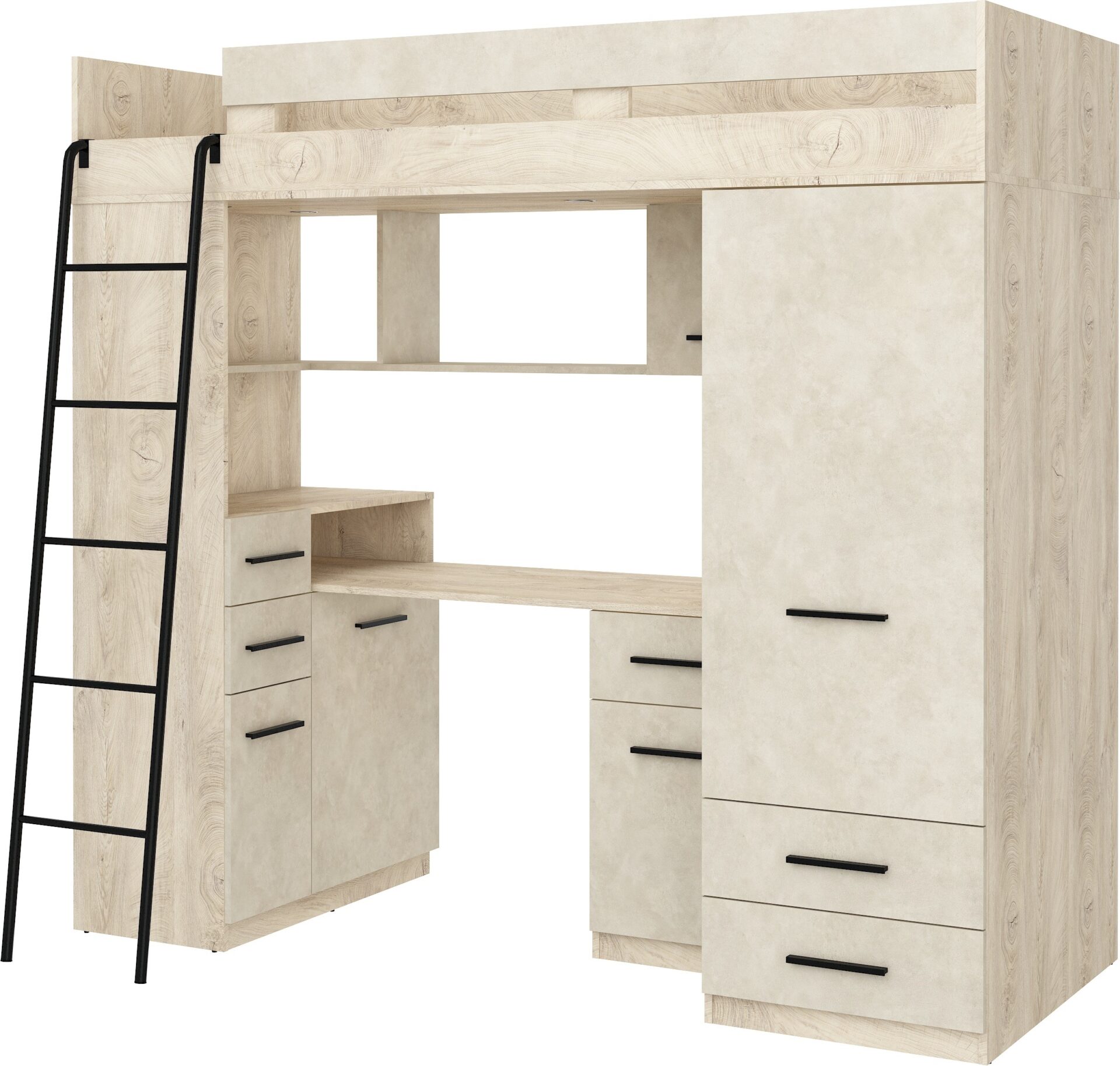 MYKS L dviaukštė lova su antresolėmis ir stalu, spinta, komoda, ąžuolo apdaila/pilka, migdolų spalva