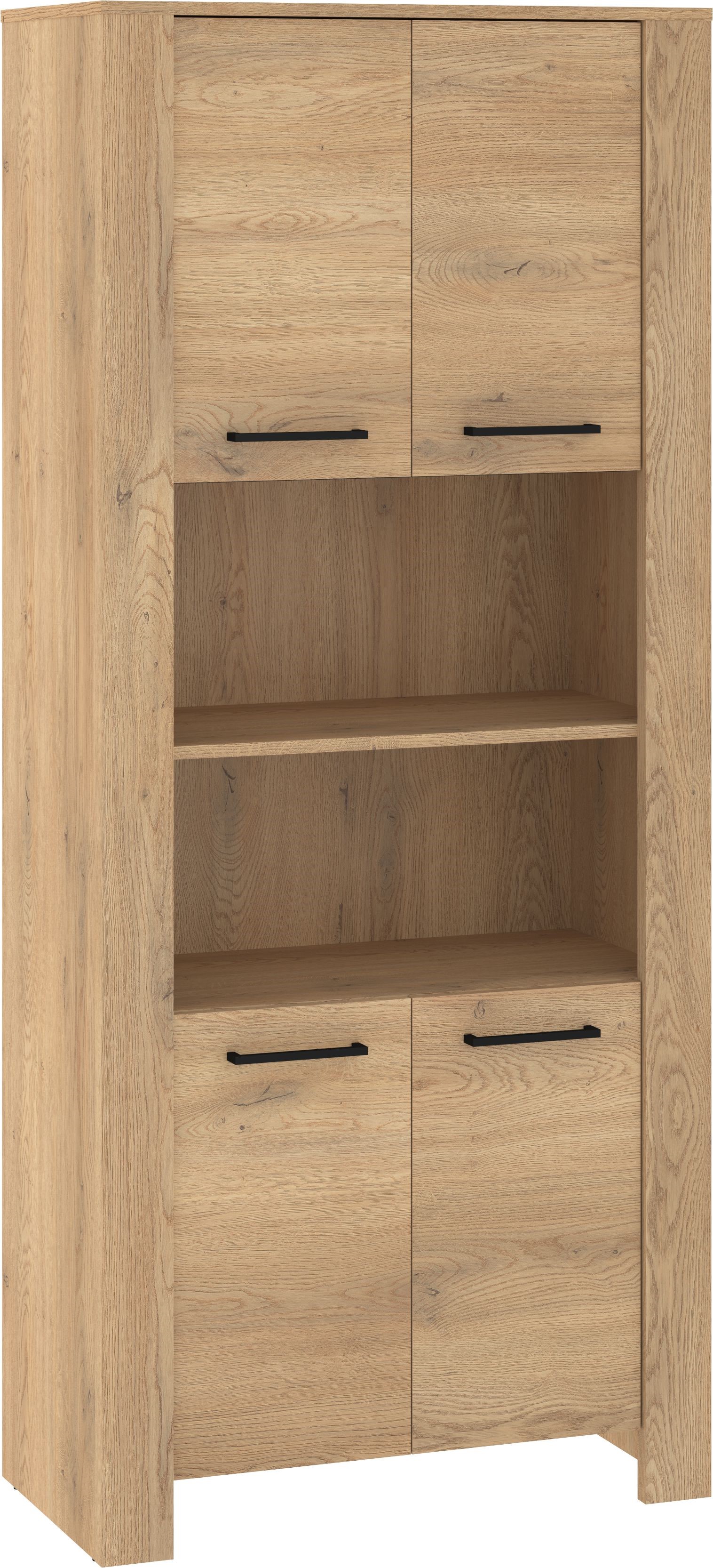 DELIS 09 baldai, aukšta knygų lentyna su durelėmis ir lentynomis, kremonos ąžuolas