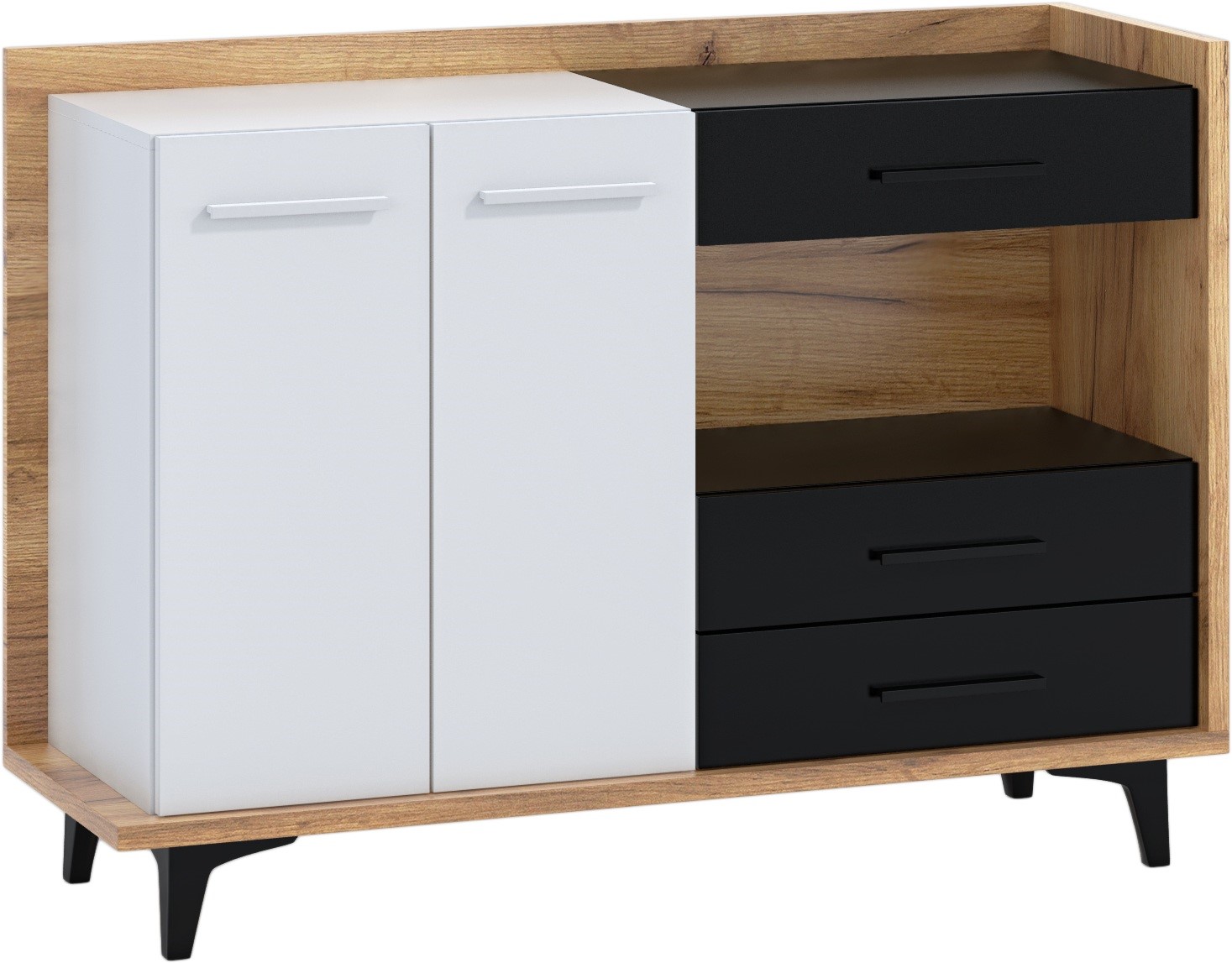 DOX 02 baldai, didelė spintelė svetainei, komoda, balta, juoda