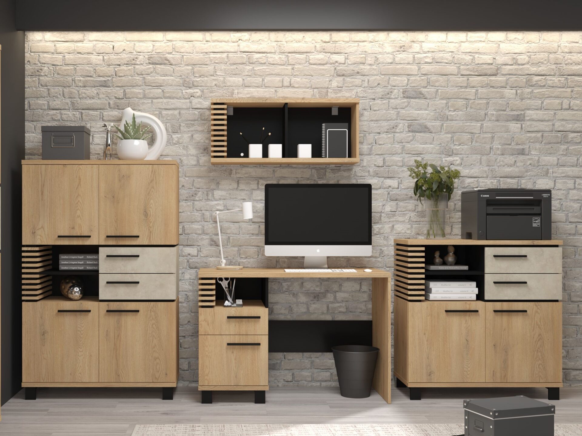 MILAR #10 jaunimo baldai, knygų lentyna, rašomasis stalas, komoda, pakabinama lentyna, ąžuolas „Cremona“