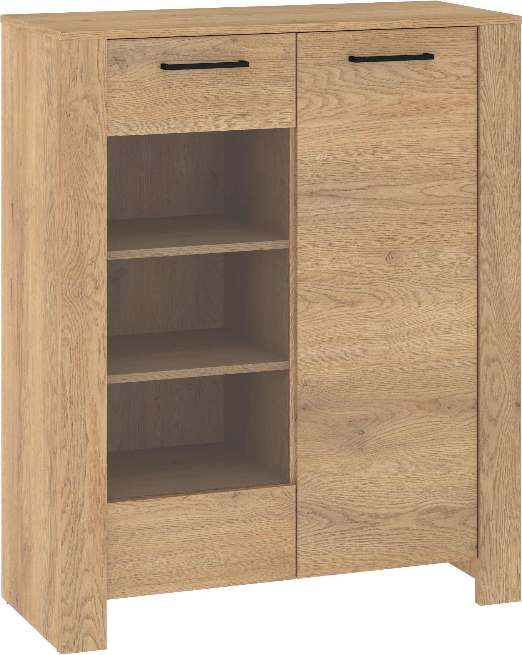 DELIS 14 baldai, žema vitrina svetainei, kremonos ąžuolas