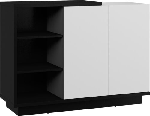 BRITA 05 baldai, komoda su durelėmis ir lentynomis, juodai balta blizgi